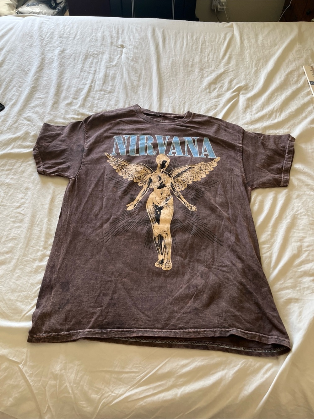 NIRVANA Brown Tee with Blue Logo and Cream Angel Graphic